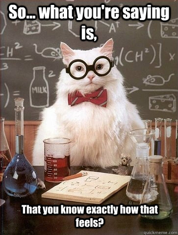 So... what you're saying is, That you know exactly how that feels?  - So... what you're saying is, That you know exactly how that feels?   Chemistry Cat