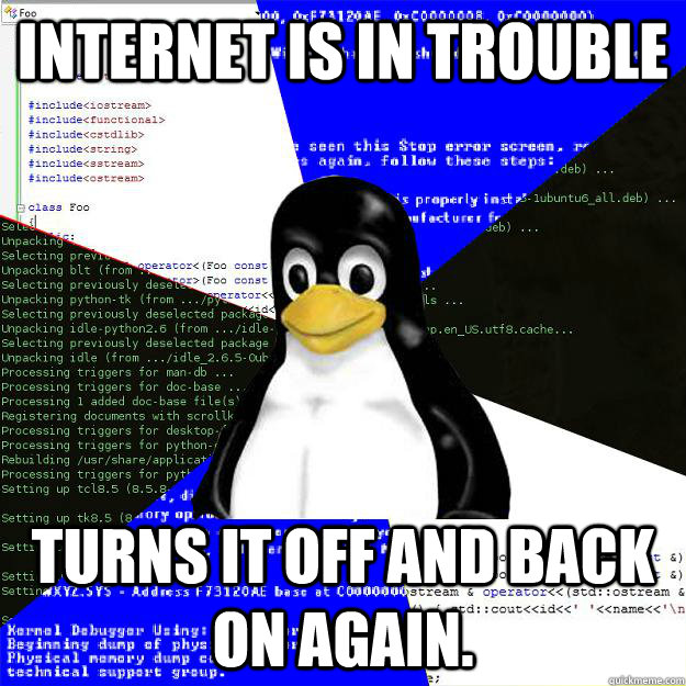 Internet is in trouble Turns it off and back on again.  Computer Science Penguin