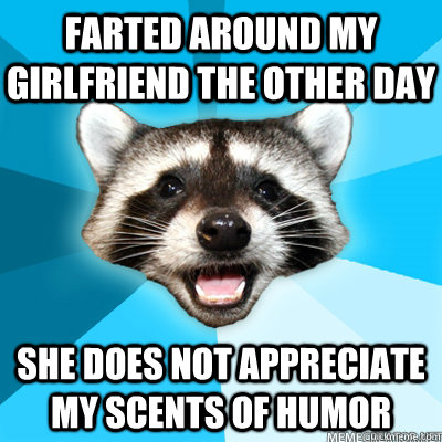 Farted around my girlfriend the other day she does not appreciate my scents of humor  Lame Pun Coon