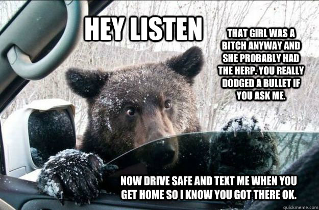 HEY LISTEN That girl was a bitch anyway and she probably had the herp. you really dodged a bullet if you ask me. Now drive safe and text me when you get home so I know you got there ok.  Pep Talk Bear