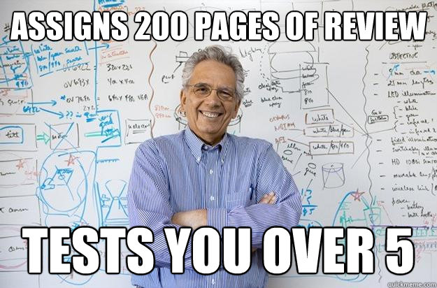 assigns 200 pages of review tests you over 5  Engineering Professor