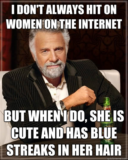 I don't always hit on women on the internet but when I do, she is cute and has blue streaks in her hair  The Most Interesting Man In The World