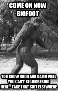 Come on now BigFoot You know good and damn well you can't be lumbering here....take that shit elsewhere  Bigfoot