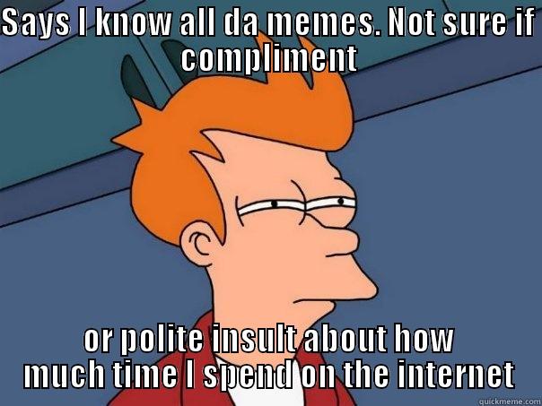 SAYS I KNOW ALL DA MEMES. NOT SURE IF COMPLIMENT OR POLITE INSULT ABOUT HOW MUCH TIME I SPEND ON THE INTERNET Futurama Fry