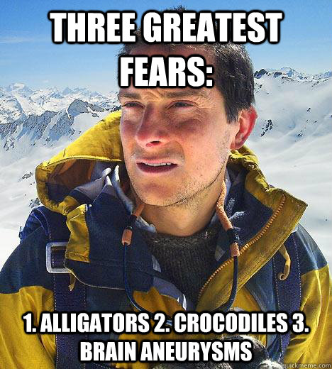 Three Greatest Fears: 1. Alligators 2. Crocodiles 3. Brain Aneurysms  Bear Grylls