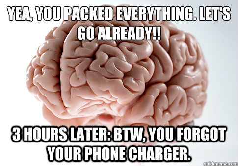 yea, you packed everything. Let's go already!!
 3 hours later: btw, you forgot your phone charger.  - yea, you packed everything. Let's go already!!
 3 hours later: btw, you forgot your phone charger.   Scumbag Brain