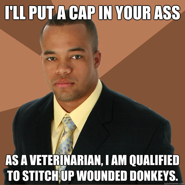 I'll put a cap in your ass As a veterinarian, I am qualified to stitch up wounded donkeys.   Successful Black Man