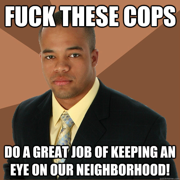 fuck these cops do a great job of keeping an eye on our neighborhood!  Successful Black Man
