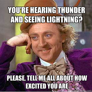 You're hearing thunder and seeing lightning? Please, tell me all about how excited you are  Willy Wonka Meme