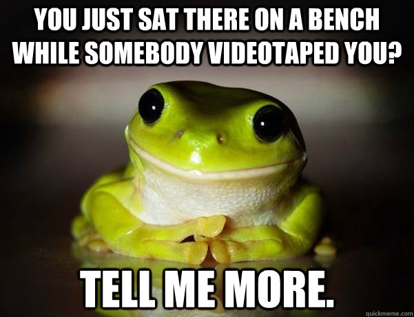 You just sat there on a bench while somebody videotaped you? tell me more.  Fascinated Frog