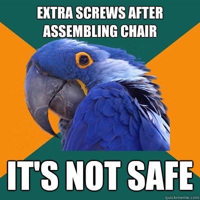 Extra screws after assembling chair it's not safe - Extra screws after assembling chair it's not safe  Paranoid Parrot