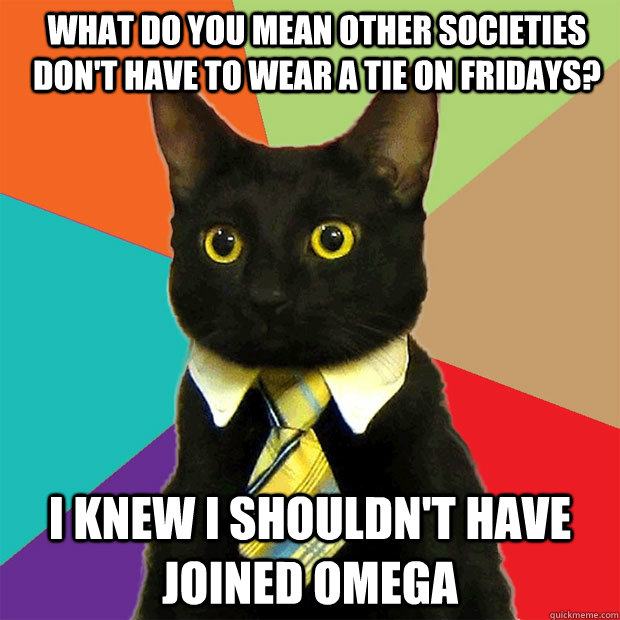 What do you mean other societies don't have to wear a tie on fridays? I knew I shouldn't have joined omega  Business Cat