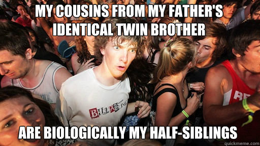 My cousins from my father's identical twin brother
 are Biologically my half-siblings  Sudden Clarity Clarence