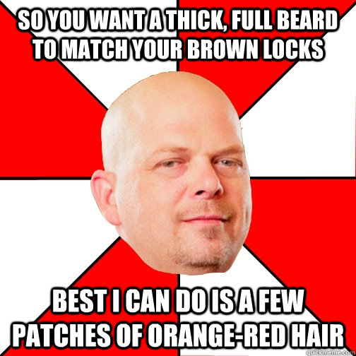 So you want a thick, full beard to match your brown locks best I can do is a few patches of orange-red hair - So you want a thick, full beard to match your brown locks best I can do is a few patches of orange-red hair  Pawn Star