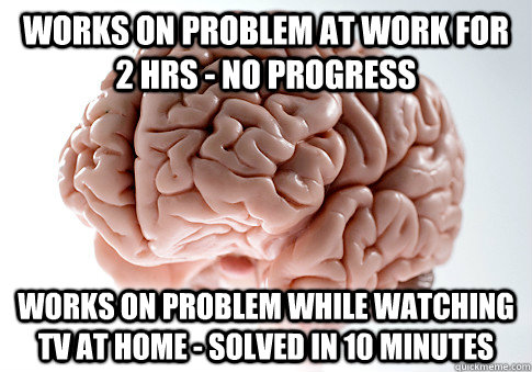 Works on problem at work for 2 hrs - no progress Works on problem while watching TV at home - solved in 10 minutes  Scumbag Brain