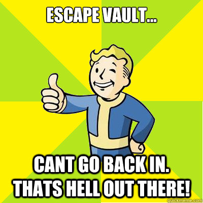 Escape vault... cant go back in.  Thats hell out there!  Fallout new vegas