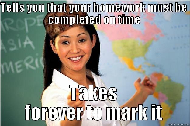 TELLS YOU THAT YOUR HOMEWORK MUST BE COMPLETED ON TIME TAKES FOREVER TO MARK IT Scumbag Teacher