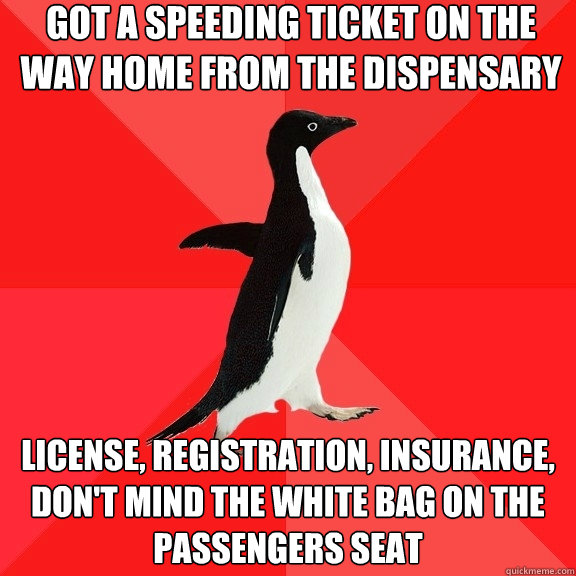 Got a speeding ticket on the way home from the dispensary License, Registration, Insurance, Don't mind the white bag on the passengers seat  Socially Awesome Penguin