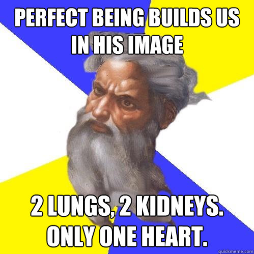 perfect being builds us in his image 2 lungs, 2 kidneys.  Only one heart.  Advice God