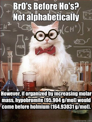 BrO's Before Ho's?
Not alphabetically However, if organized by increasing molar mass, hypobromite (95.904 g/mol) would come before holmium (164.93031 g/mol). - BrO's Before Ho's?
Not alphabetically However, if organized by increasing molar mass, hypobromite (95.904 g/mol) would come before holmium (164.93031 g/mol).  Chemistry Cat