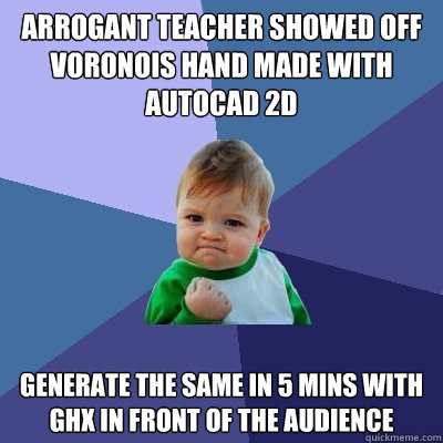 Arrogant teacher showed off voronois hand made with autocad 2d generate the same in 5 mins with ghx in front of the audience  Success Kid