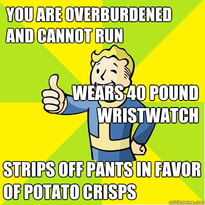 You are overburdened and cannot run Wears 40 pound wristwatch strips off pants in favor of potato crisps  Fallout new vegas