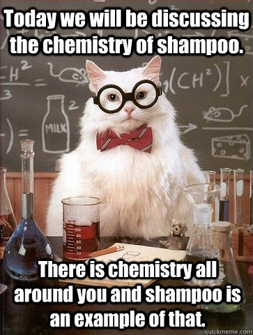 Today we will be discussing the chemistry of shampoo. There is chemistry all around you and shampoo is an example of that. - Today we will be discussing the chemistry of shampoo. There is chemistry all around you and shampoo is an example of that.  Chemistry Cat