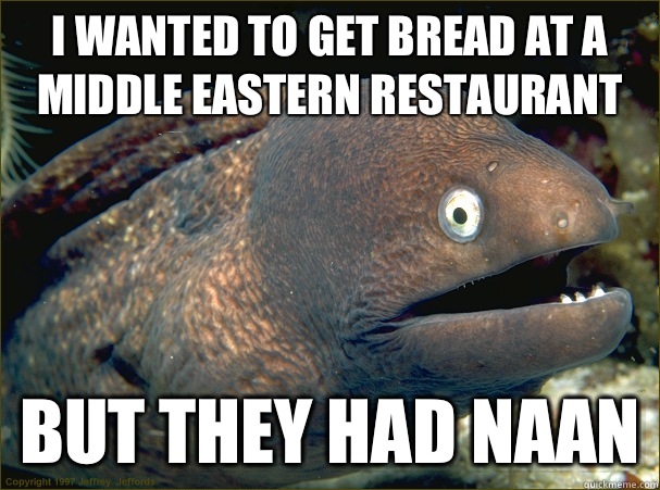 I wanted to get bread at a middle eastern restaurant  But they had naan  Bad Joke Eel