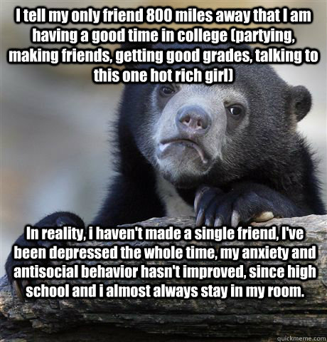 I tell my only friend 800 miles away that I am having a good time in college (partying, making friends, getting good grades, talking to this one hot rich girl) In reality, i haven't made a single friend, I've been depressed the whole time, my anxiety and   Confession Bear