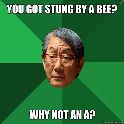 you got stung by a bee? why not an a?  High Expectations Asian Father