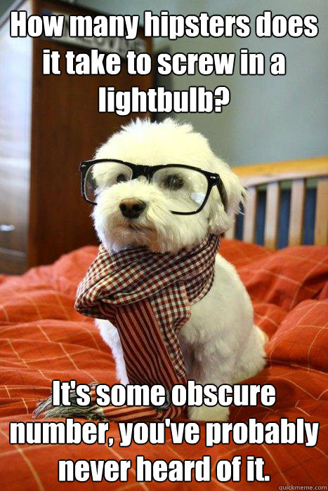 How many hipsters does it take to screw in a lightbulb? It's some obscure number, you've probably never heard of it.  Hipster Dog