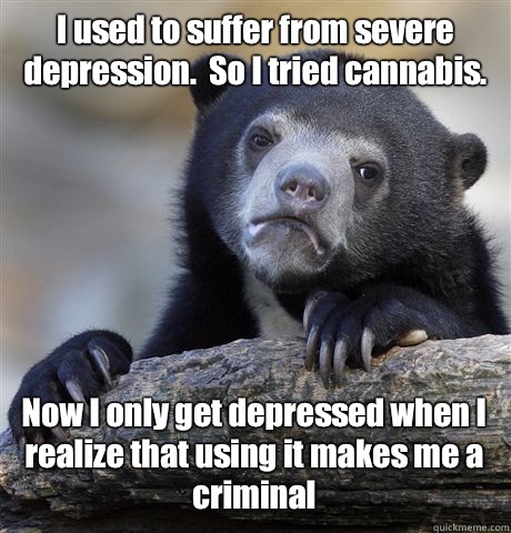 I used to suffer from severe depression.  So I tried cannabis.  Now I only get depressed when I realize that using it makes me a criminal  Confession Bear