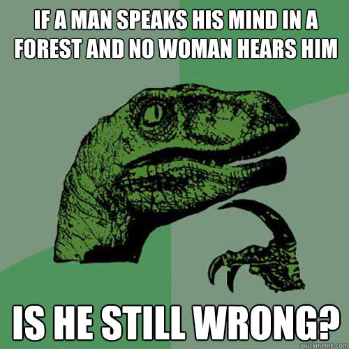 If a man speaks his mind in a forest and no woman hears him IS he still wrong?  Philosoraptor