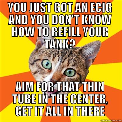 YOU JUST GOT AN ECIG AND YOU DON'T KNOW HOW TO REFILL YOUR TANK? AIM FOR THAT THIN TUBE IN THE CENTER, GET IT ALL IN THERE Bad Advice Cat