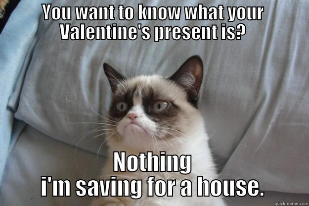 YOU WANT TO KNOW WHAT YOUR VALENTINE'S PRESENT IS? NOTHING I'M SAVING FOR A HOUSE. Grumpy Cat