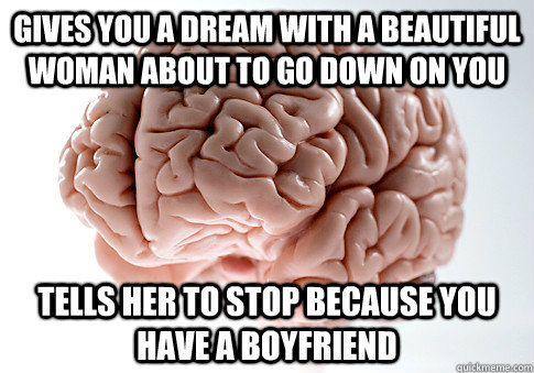 GIVES YOU A DREAM WITH A BEAUTIFUL WOMAN ABOUT TO GO DOWN ON YOU TELLS HER TO STOP BECAUSE YOU HAVE A BOYFRIEND  Scumbag Brain