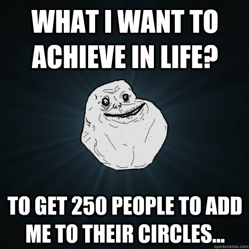 What I want to achieve in life? to get 250 people to add me to their circles...  Forever Alone