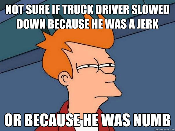 Not sure if truck driver slowed down because he was a jerk or because he was numb  Futurama Fry