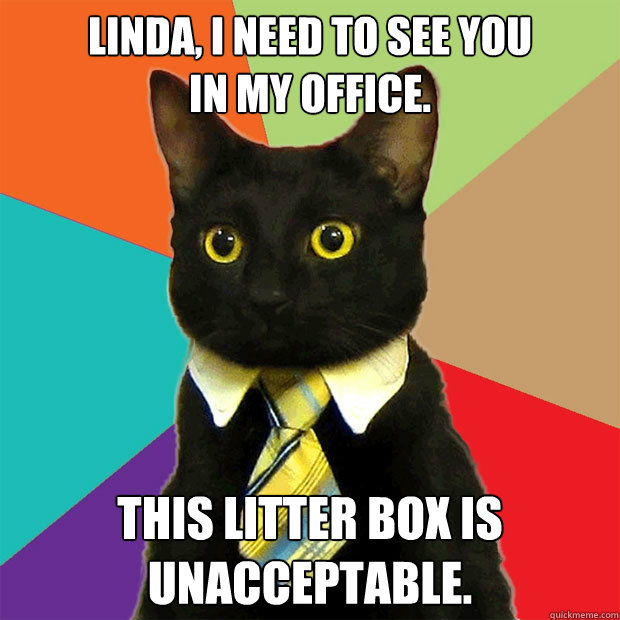 Linda, i need to see you
in my office. This litter box is unacceptable.  Business Cat