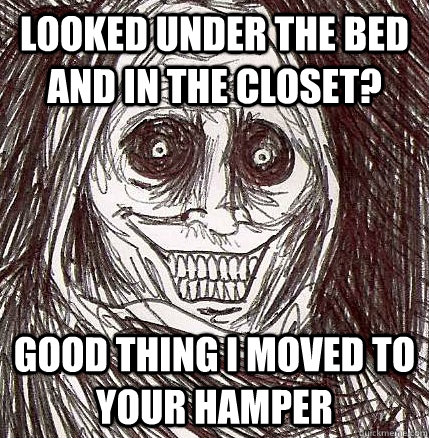 looked under the bed and in the closet? good thing i moved to your hamper - looked under the bed and in the closet? good thing i moved to your hamper  Horrifying Houseguest