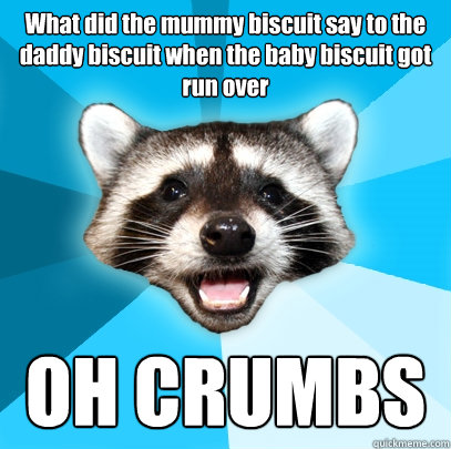 What did the mummy biscuit say to the daddy biscuit when the baby biscuit got run over OH CRUMBS - What did the mummy biscuit say to the daddy biscuit when the baby biscuit got run over OH CRUMBS  Lame Pun Coon