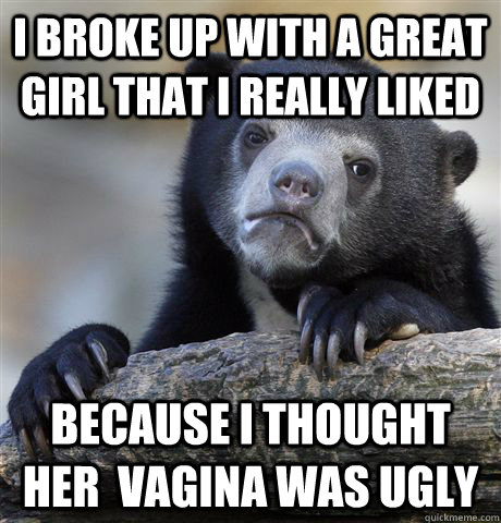 I BROKE UP WITH A GREAT GIRL THAT I REALLY LIKED  BECAUSE I THOUGHT HER  VAGINA WAS UGLY  Confession Bear