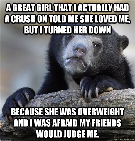 A great girl that I actually had a crush on told me she loved me, but I turned her down Because she was overweight and I was afraid my friends would judge me.  Confession Bear