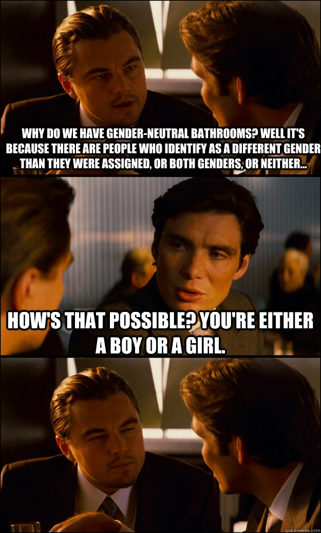 Why do we have gender-neutral bathrooms? Well it's because there are people who identify as a different gender than they were assigned, or both genders, or neither... How's that possible? you're either a boy or a girl.  - Why do we have gender-neutral bathrooms? Well it's because there are people who identify as a different gender than they were assigned, or both genders, or neither... How's that possible? you're either a boy or a girl.   Inception