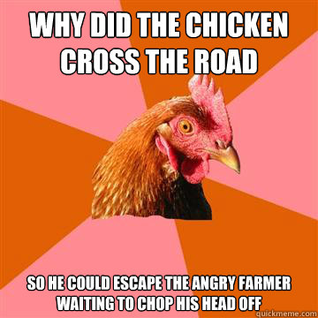 why did the chicken cross the road so he could escape the angry farmer waiting to chop his head off  Anti-Joke Chicken