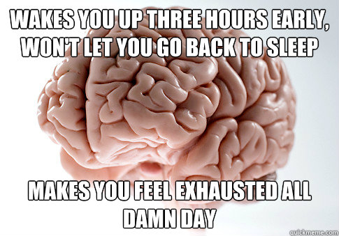 Wakes you up three hours early, won't let you go back to sleep Makes you feel exhausted all damn day  Scumbag Brain