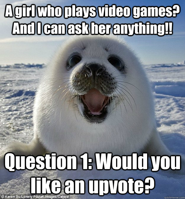 A girl who plays video games?  And I can ask her anything!! Question 1: Would you like an upvote? - A girl who plays video games?  And I can ask her anything!! Question 1: Would you like an upvote?  Easily Pleased Seal