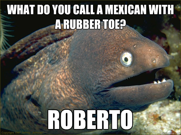 What do you call a Mexican with a rubber toe? Roberto  Bad Joke Eel