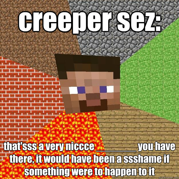 creeper sez: that'sss a very niccce _______ you have there, it would have been a ssshame if something were to happen to it  Minecraft