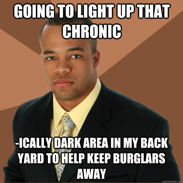 GOING TO LIGHT UP THAT CHRONIC -ICALLY DARK AREA IN MY BACK YARD TO HELP KEEP BURGLARS AWAY   Successful Black Man